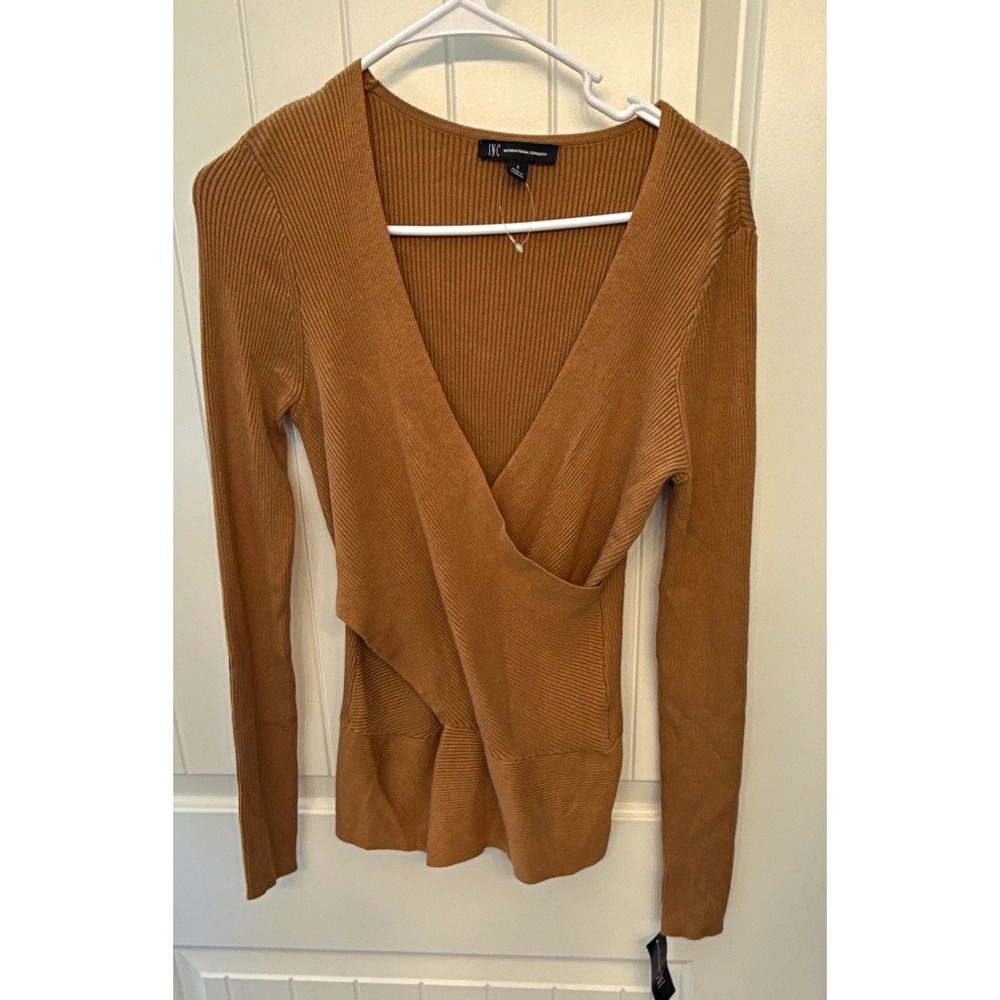 INC International Concepts Brown Ribbed Knit V-Neck Wrap Pullover Sweater S NWT